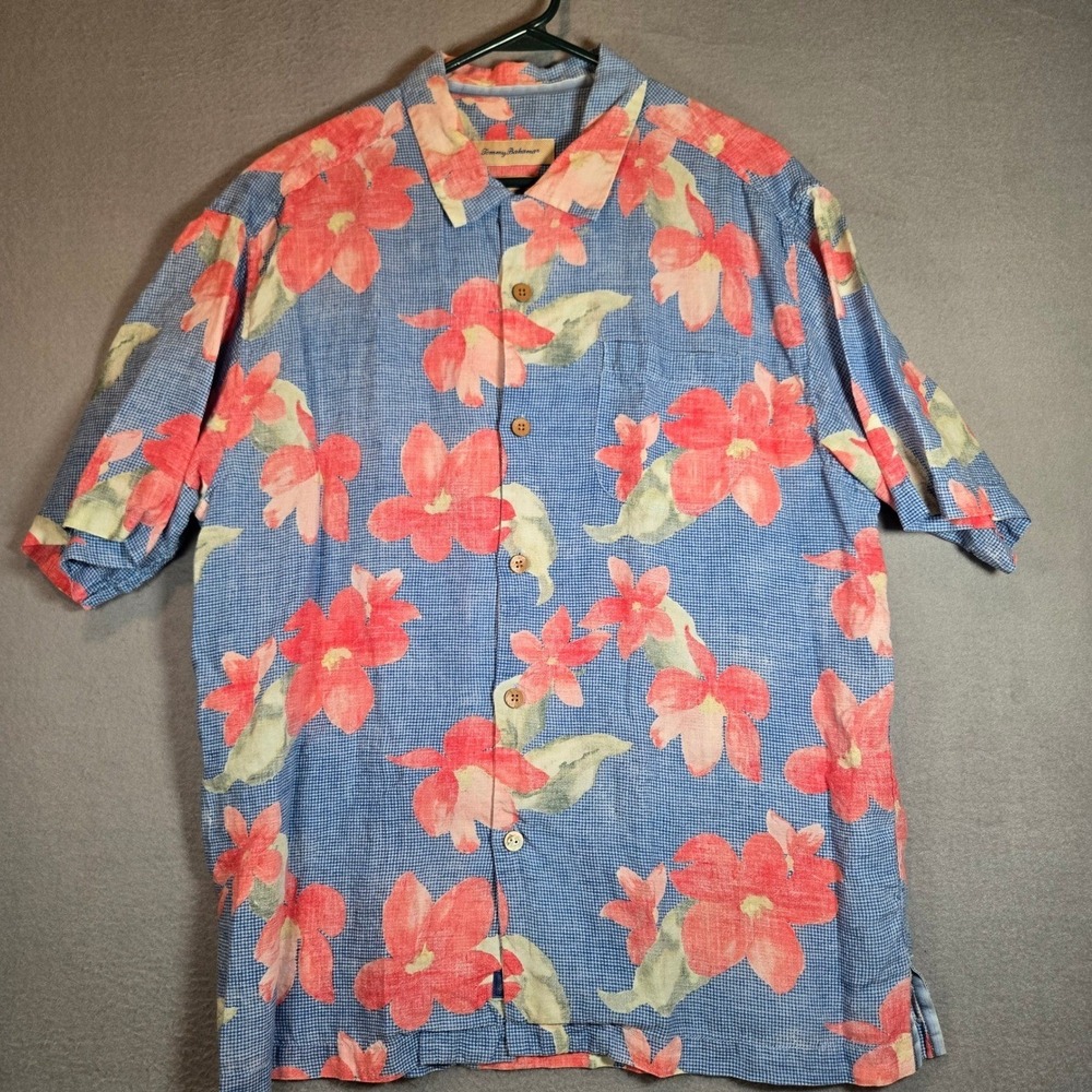 Tommy Bahama Shirt Mens Large Blue 100%‎ Linen Floral Hawaiian Origional Fit - Picture 2 of 8